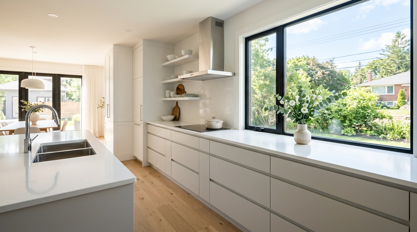 Bright, spotless modern kitchen with sunlit countertops cleaned by Prestige Pro Cleaners